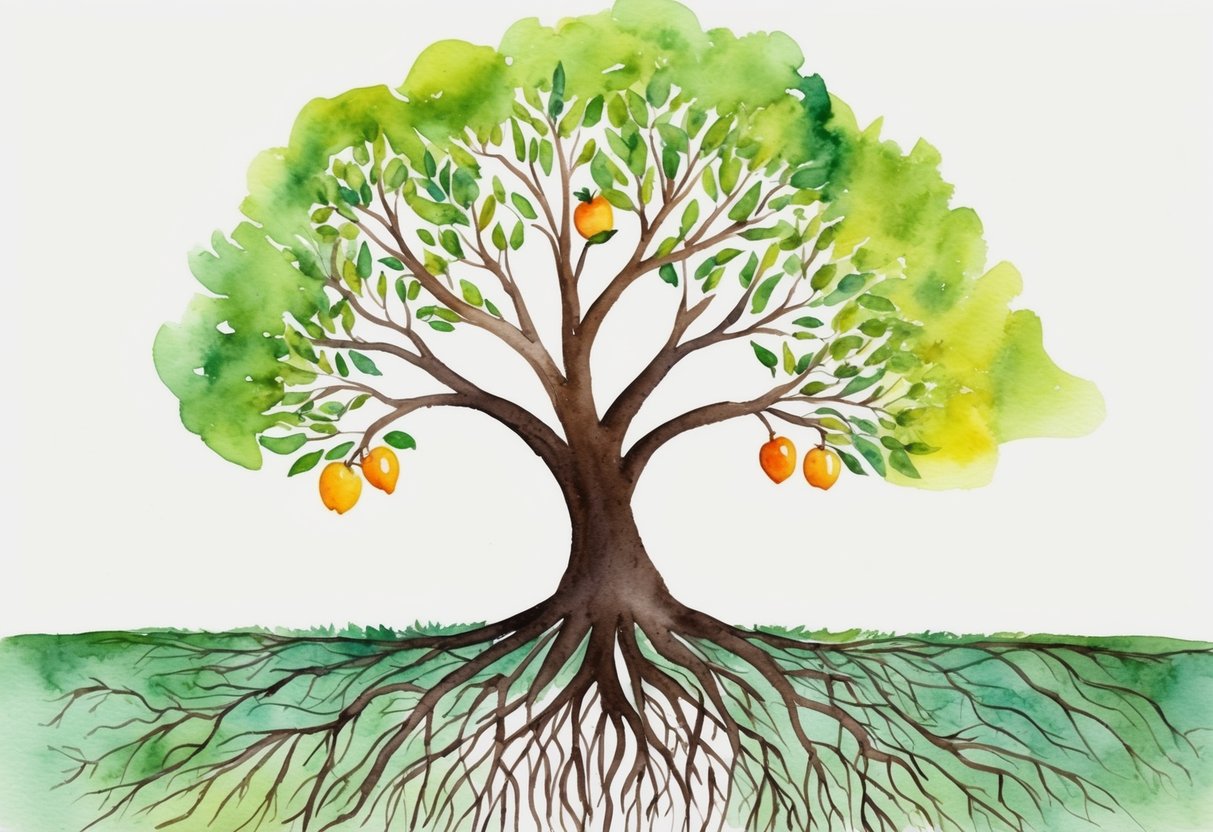A tree with roots spreading deep into the ground, while its branches reach out and bear fruit, symbolizing the growth of income through smart financial decisions
