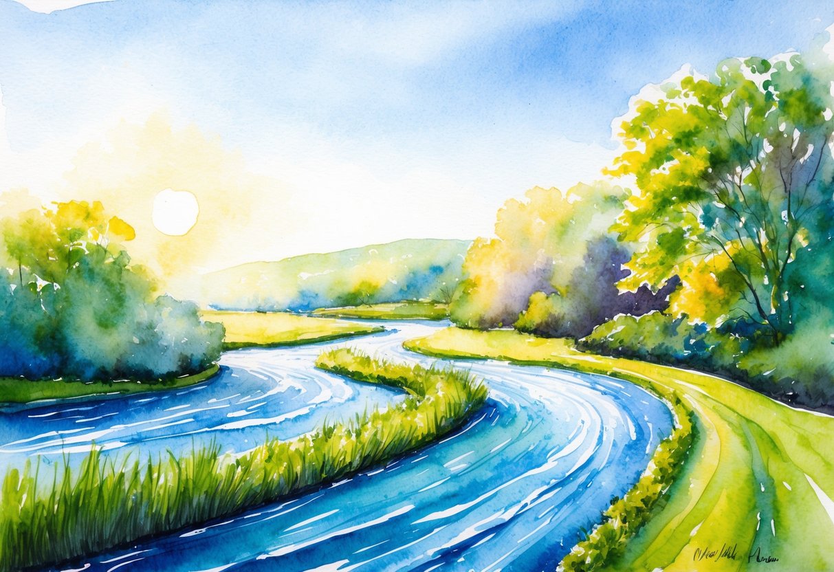 A flowing river winding through a lush, vibrant landscape, with a clear sky and sunlight casting a warm glow over the scene