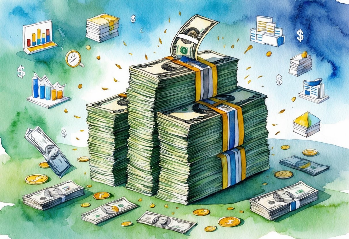 A stack of money growing larger with each passing moment, surrounded by various business symbols and opportunities