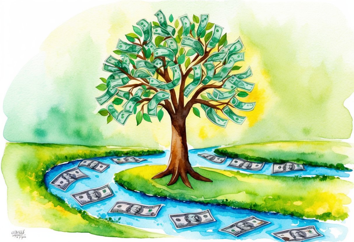 A tree with branches growing money instead of leaves, surrounded by a flowing river of cash