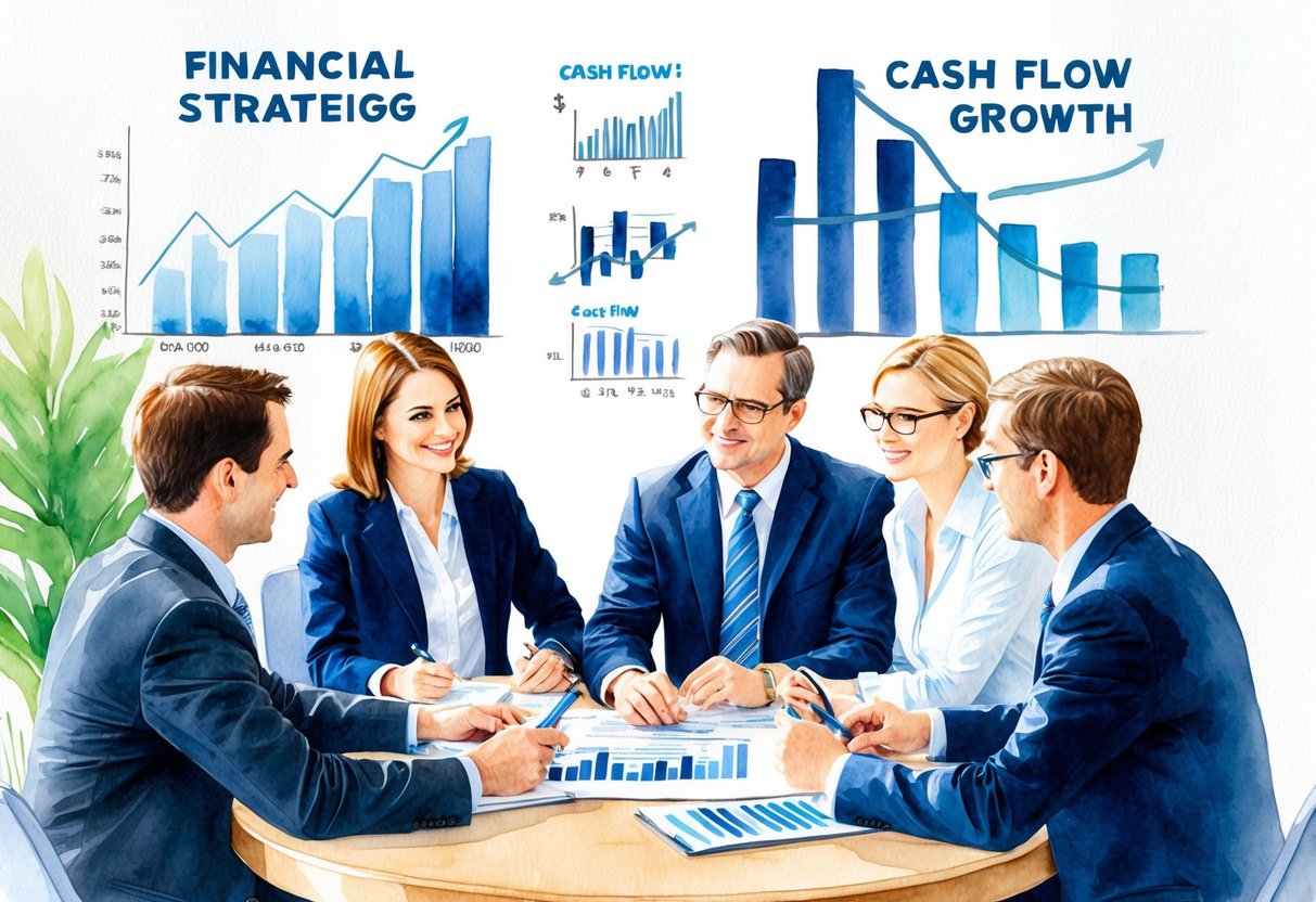 A group of financial advisors strategizing around a table, charts and graphs depicting cash flow growth on the wall behind them