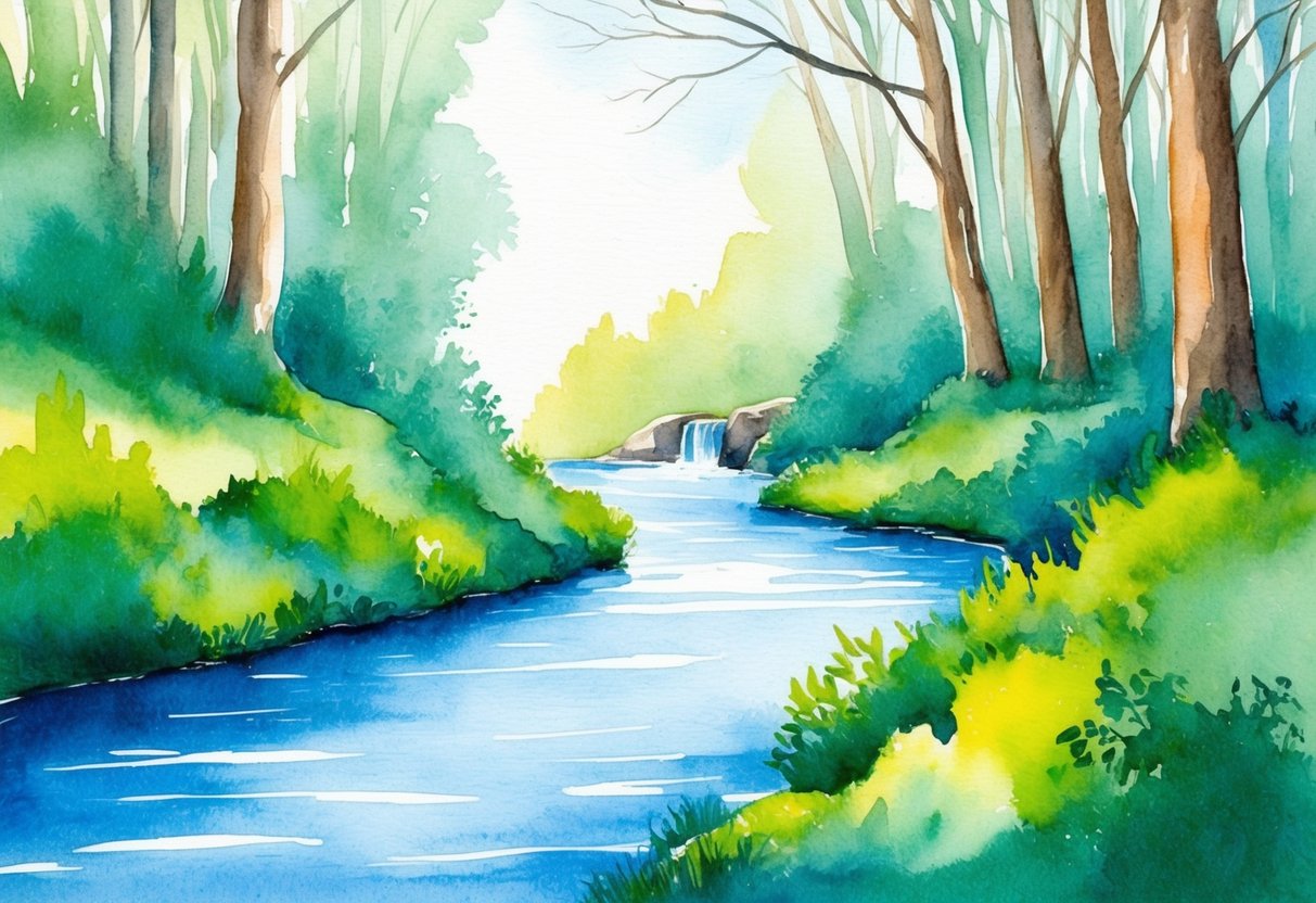 A tranquil river flowing through a lush forest, with a small waterfall in the distance. A serene and peaceful setting, representing the concept of passive income