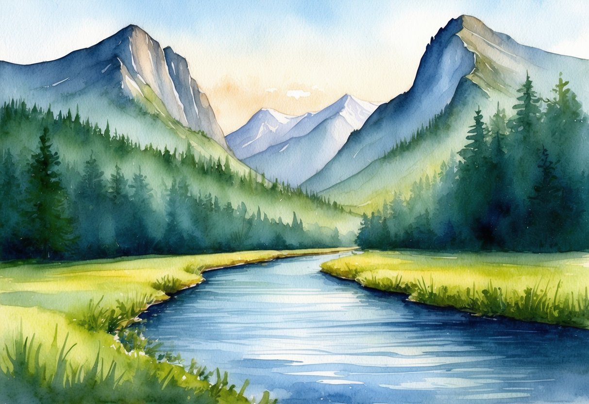 A serene landscape with a calm river flowing through a lush forest, surrounded by towering mountains, symbolizing stability and growth