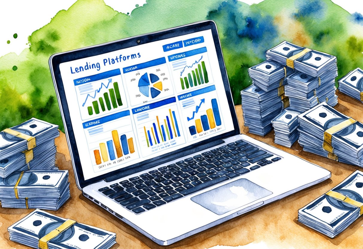A laptop displaying various lending platforms with income charts and graphs, surrounded by stacks of money and a peaceful, risk-free atmosphere