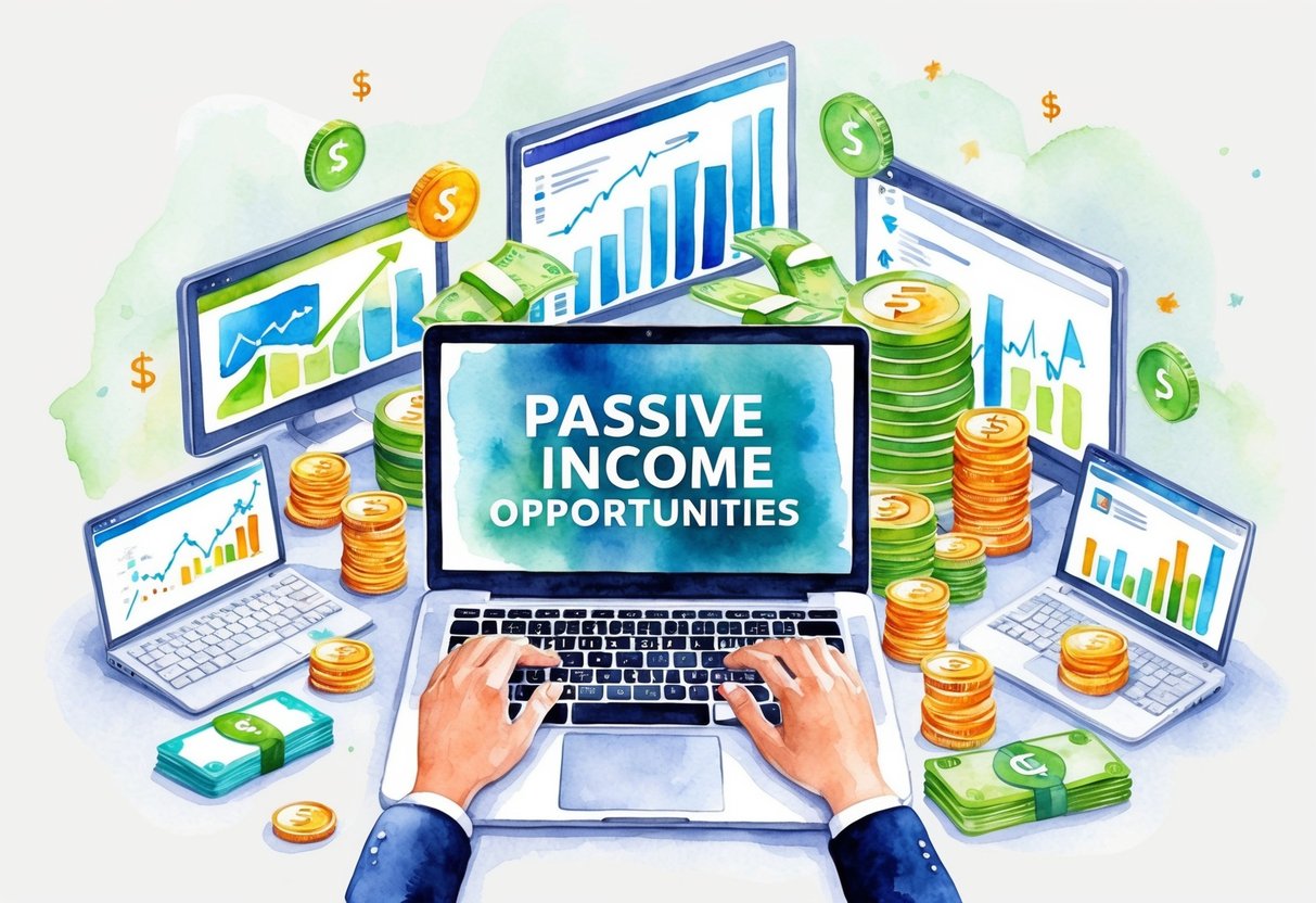 A laptop surrounded by various products, money, and graphs, symbolizing passive income opportunities in e-commerce