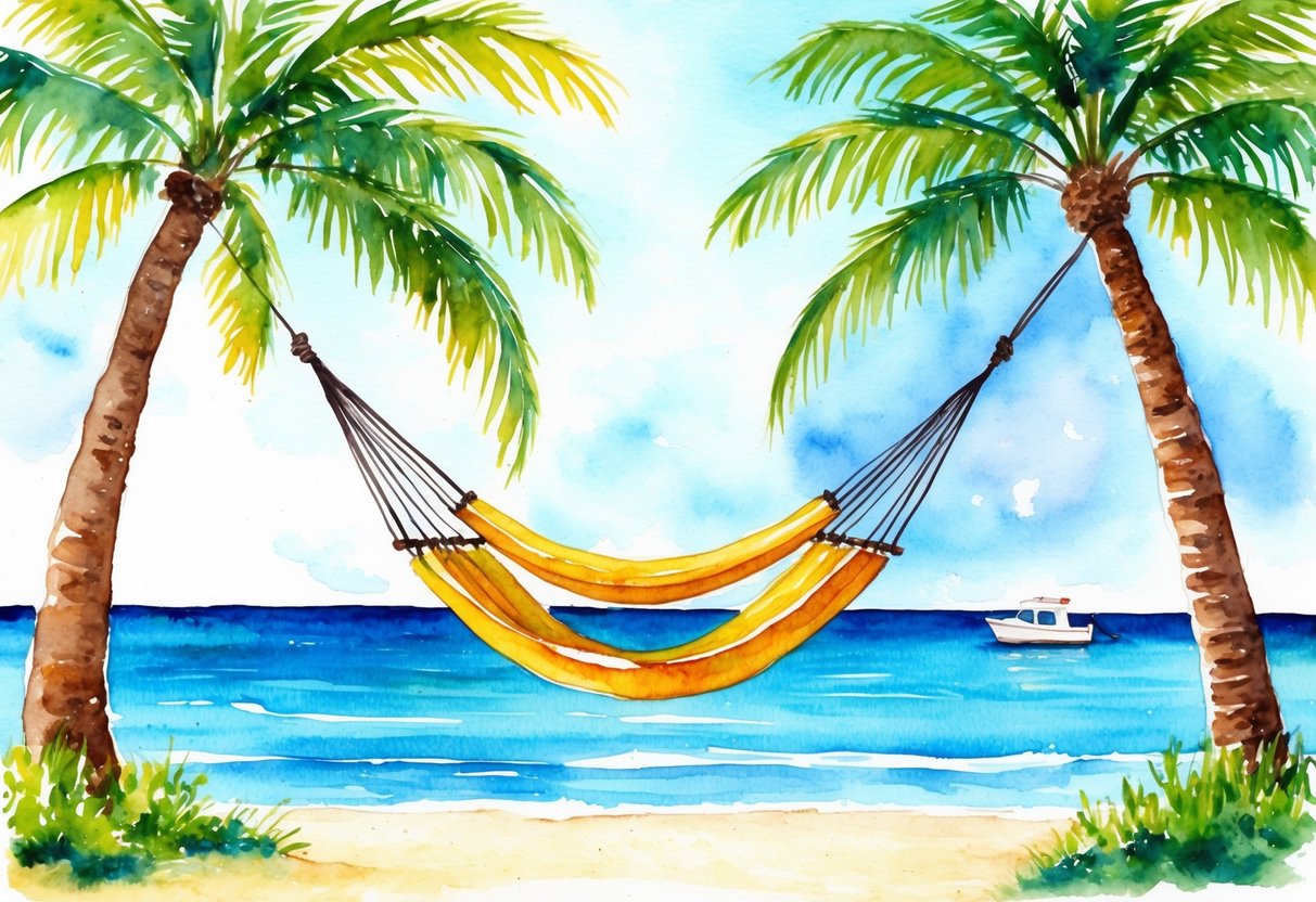 A serene beach with a hammock strung between two palm trees, overlooking a crystal-clear ocean with a small boat floating in the distance