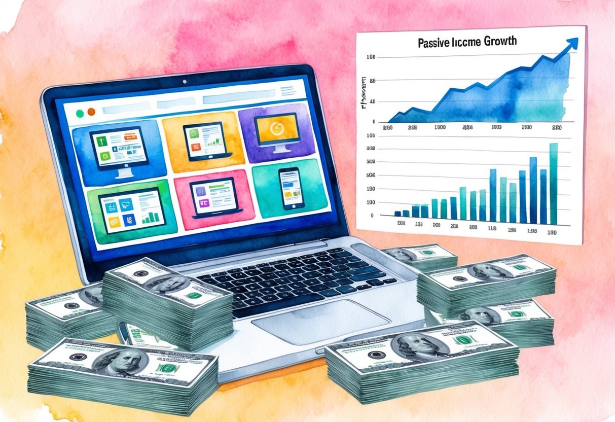 A laptop with various digital products displayed on the screen, surrounded by a stack of cash and a chart showing passive income growth
