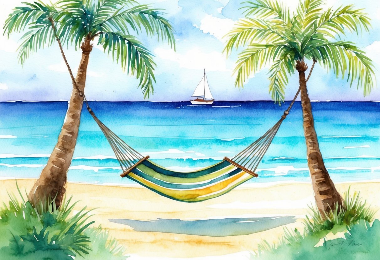 A tranquil beach with a hammock strung between two palm trees, overlooking a crystal-clear ocean with a small boat sailing in the distance