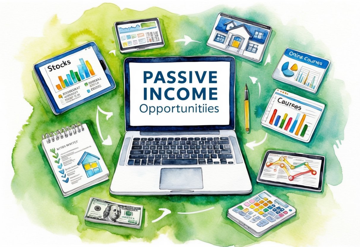 A laptop surrounded by various passive income opportunities such as stocks, real estate, and online courses