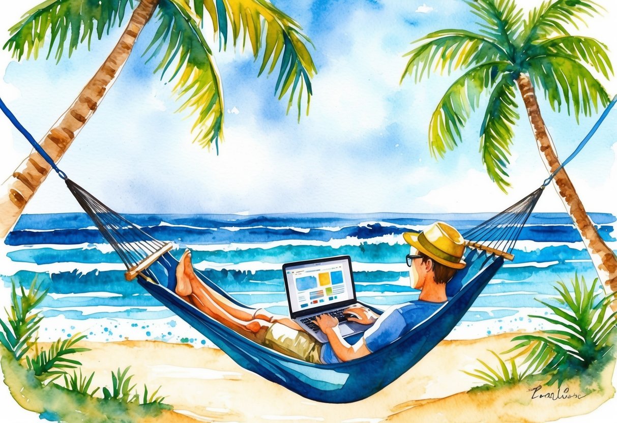 A person working on a laptop while sitting in a hammock on a tropical beach, surrounded by palm trees and the sound of waves crashing