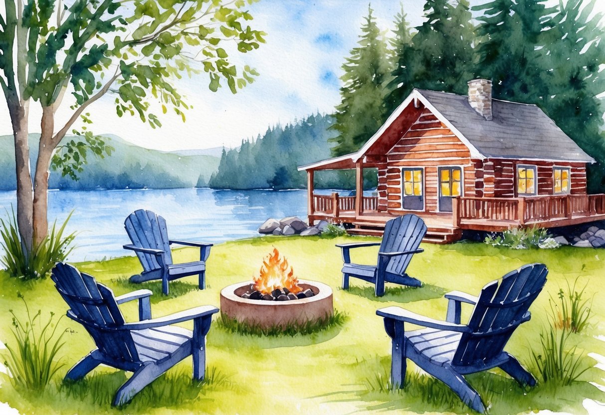 A serene lakeside cabin with a cozy fire pit, surrounded by lush greenery and a tranquil atmosphere