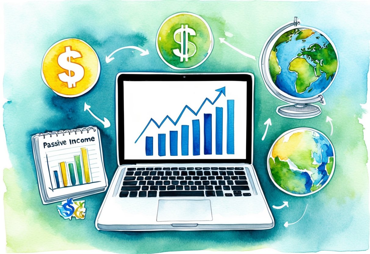 A laptop surrounded by various passive income symbols: a dollar sign, a graph trending upwards, and a globe representing global opportunities