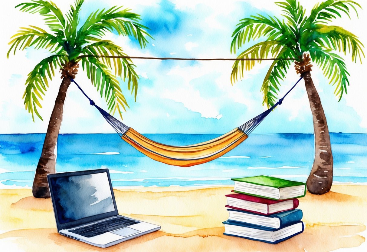 A tranquil beach with a hammock strung between two palm trees, a laptop and a stack of books nearby, symbolizing passive income opportunities