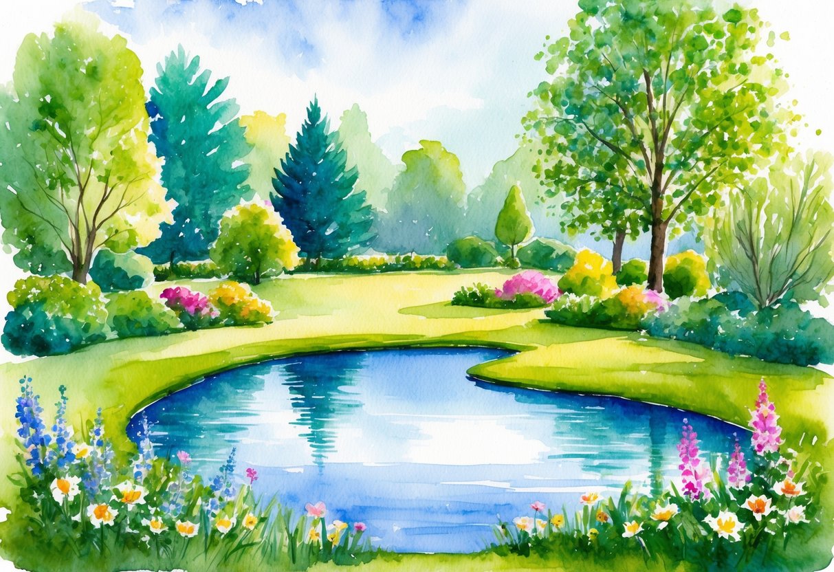 A serene park with a tranquil pond, surrounded by lush greenery and dotted with colorful trees and flowers. A peaceful setting for reflecting on passive income opportunities