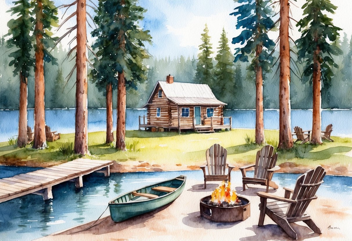 A serene lakeside cabin nestled among tall pine trees, with a small rowboat tied to a weathered dock and a cozy fire pit surrounded by Adirondack chairs