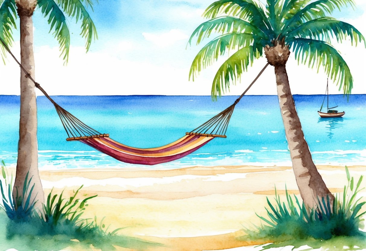 A serene beach with a hammock strung between two palm trees, overlooking a crystal-clear ocean with a small boat drifting in the distance