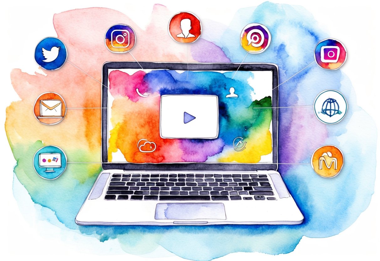 A laptop surrounded by various icons representing social media platforms, online courses, and e-commerce websites