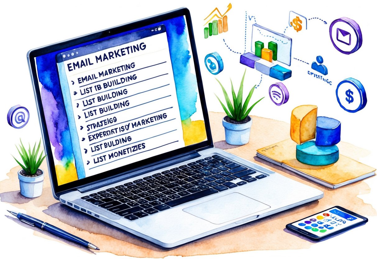 A laptop with a list of email marketing and list building strategies displayed on the screen, surrounded by various symbols representing expertise and monetization