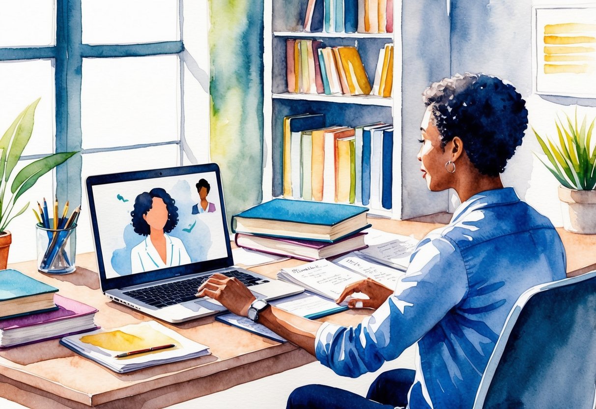 A person sitting at a desk with a laptop, surrounded by books and notes, while engaging in a coaching session with a client over a video call