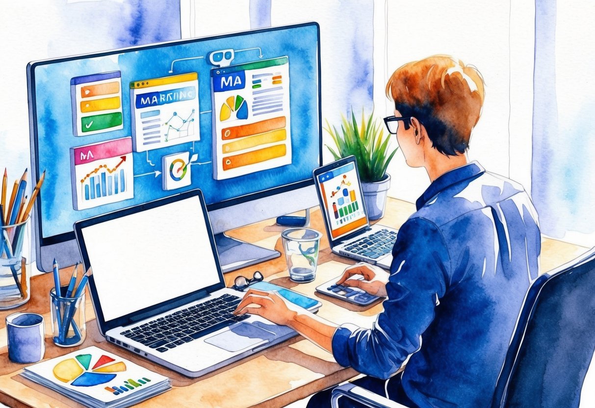 A person at a desk with a laptop, surrounded by various marketing materials and tools. They are engaged in online affiliate marketing while balancing their day job