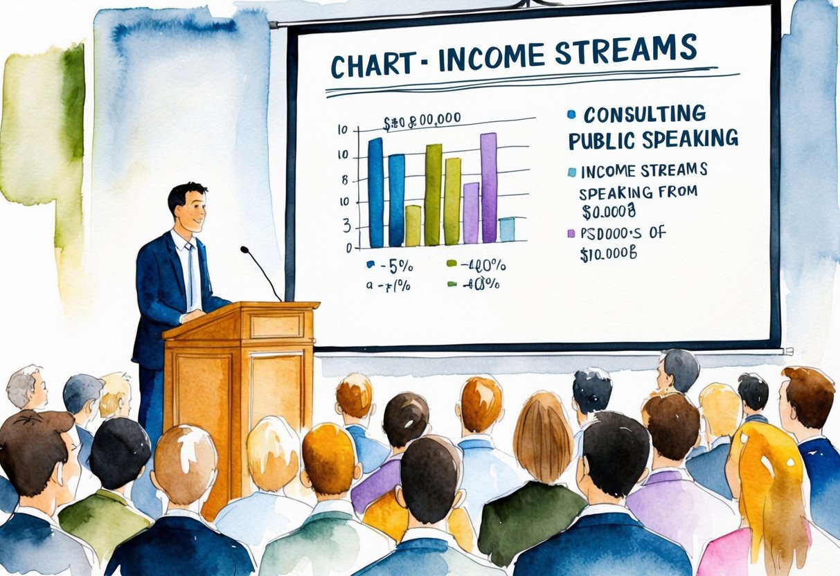 A person standing at a podium, speaking to a crowd of attentive listeners. A chart displaying income streams from consulting and public speaking is projected on a screen behind them