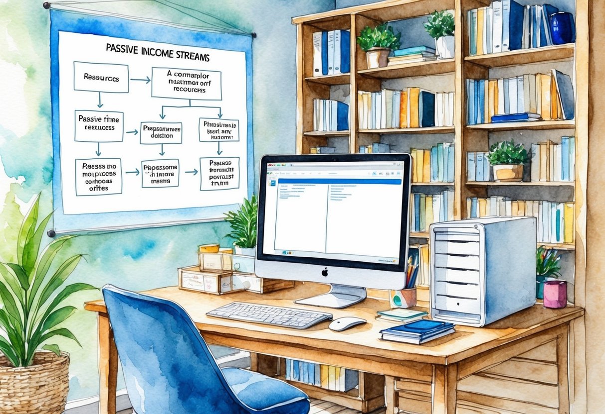 A cozy home office with a desk, computer, and bookshelf filled with resources. A flowchart on the wall outlines various passive income streams