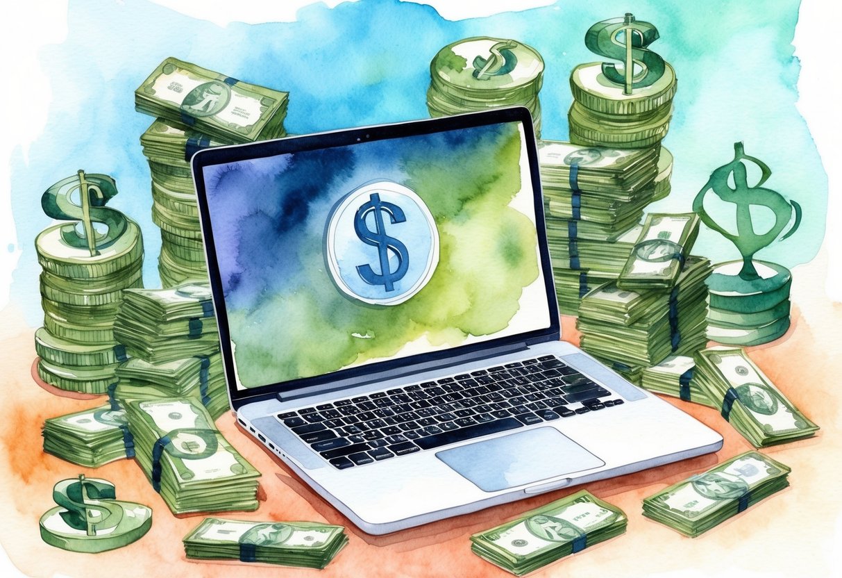 A laptop surrounded by stacks of money and retirement symbols