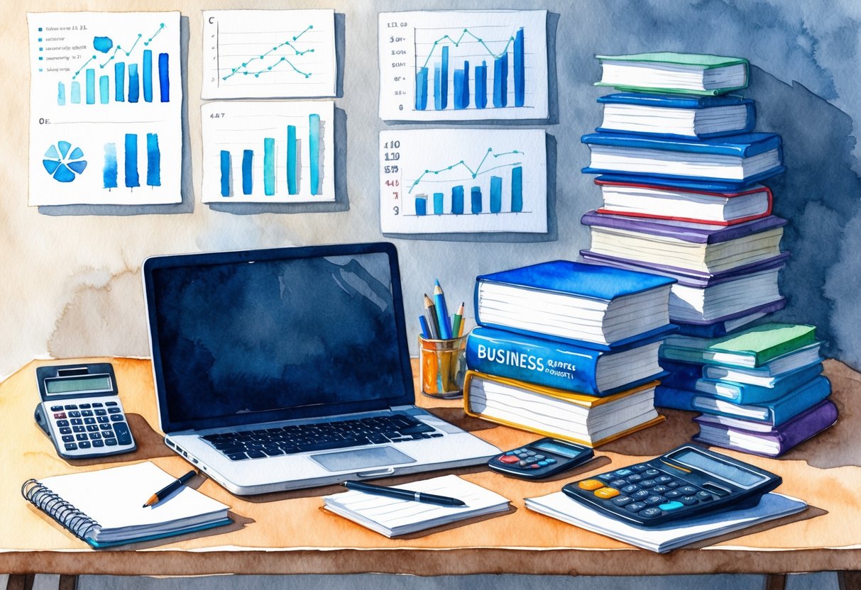 A cluttered desk with a laptop, notebook, and calculator. Charts and graphs on the wall. A stack of books on business and entrepreneurship