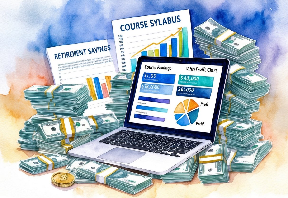 A laptop surrounded by stacks of money, a retirement savings plan, and a course syllabus with a profit chart