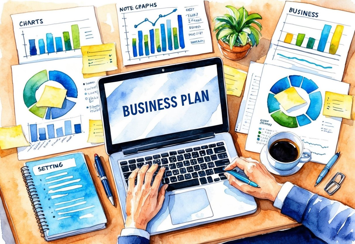 A cluttered desk with a laptop, notebook, and pen surrounded by charts, graphs, and sticky notes. A cup of coffee sits nearby as the scene depicts the process of setting up a business plan