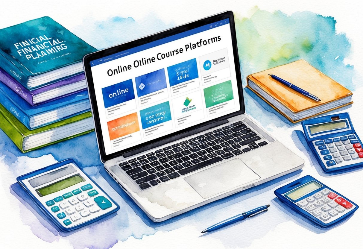 A laptop displaying various online course platforms, surrounded by financial planning books and retirement calculators