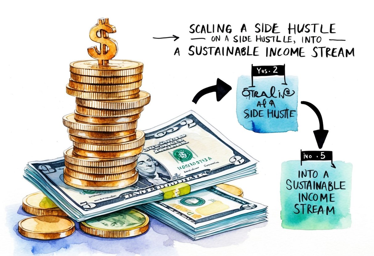 A stack of coins and dollar bills, along with a flowchart showing the process of scaling a side hustle into a sustainable income stream