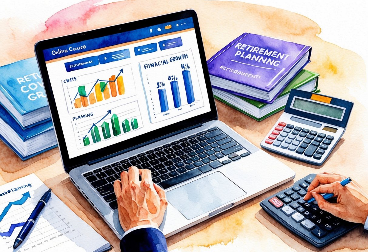 A laptop displaying an online course platform with charts and graphs showing financial growth, surrounded by retirement planning books and a calculator