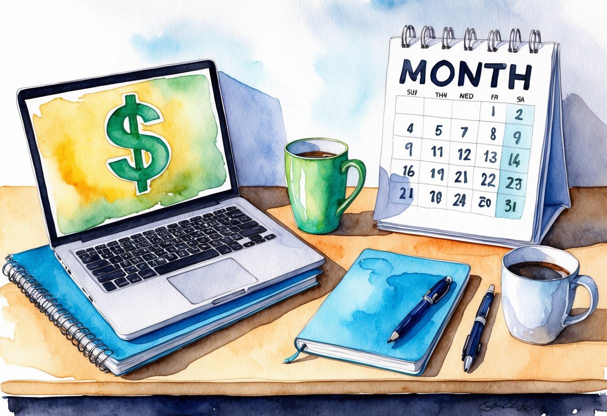 A cluttered desk with a laptop, notebook, and coffee mug. A calendar on the wall shows a month with dollar signs
