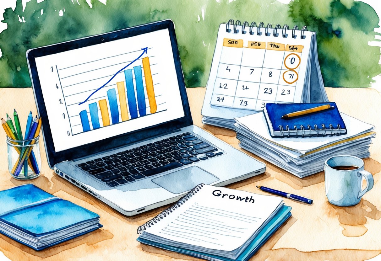 A cluttered desk with a laptop, notebooks, and a stack of papers. A graph showing steady growth and a calendar with dates circled