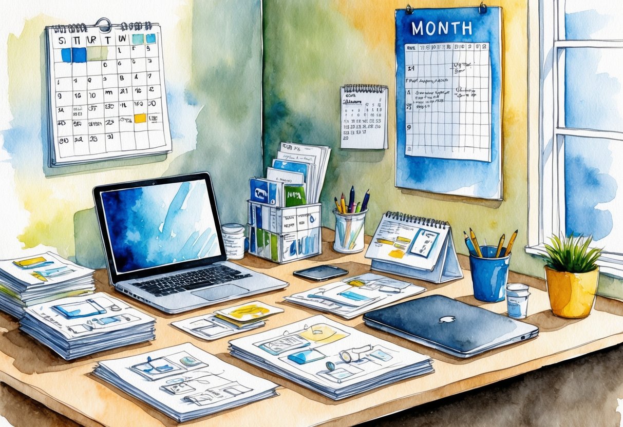 A desk cluttered with sketches, prototypes, and a laptop. A calendar on the wall shows a month filled with meetings and deadlines