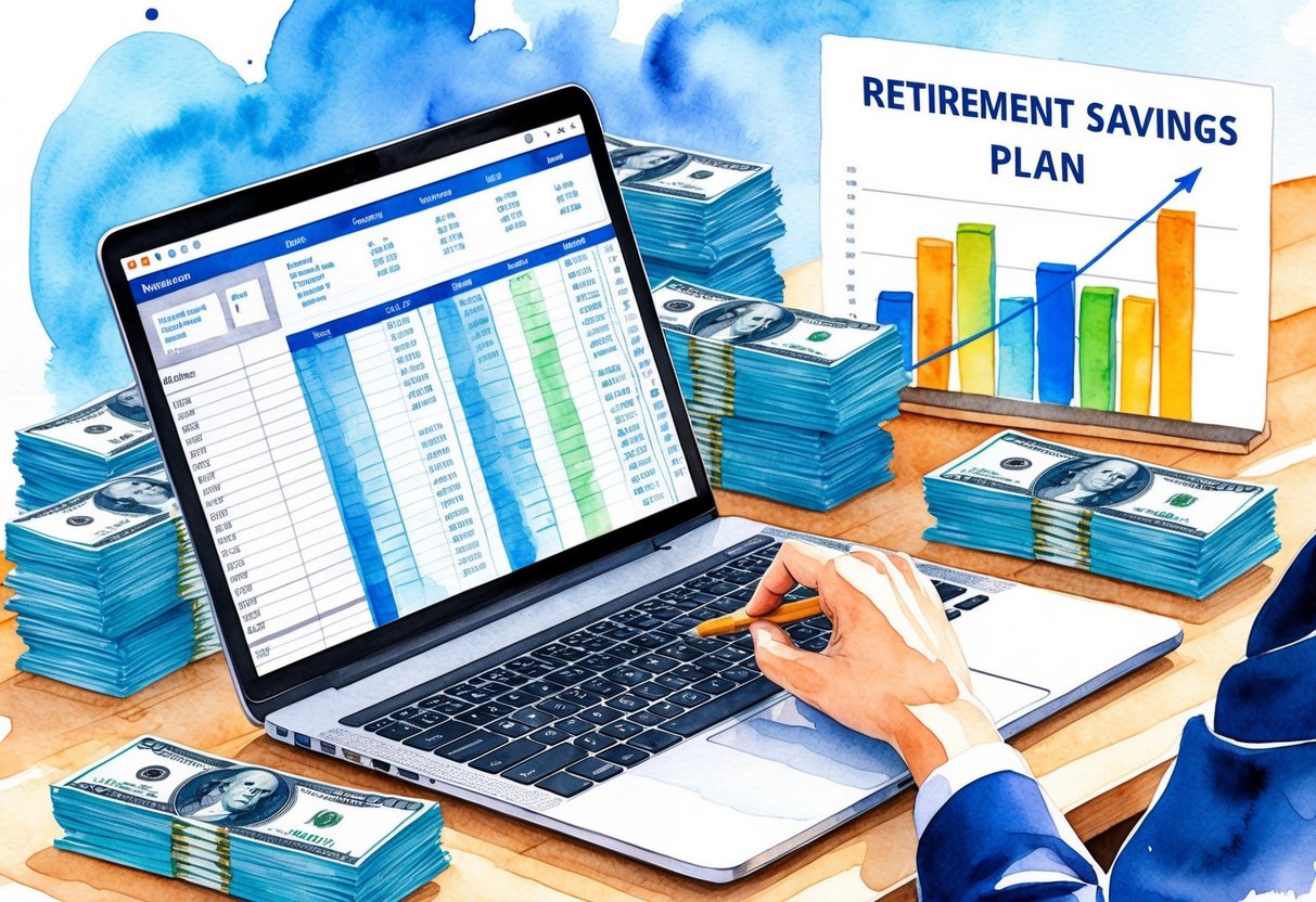 A laptop with a financial spreadsheet open, surrounded by stacks of money and a retirement savings plan chart