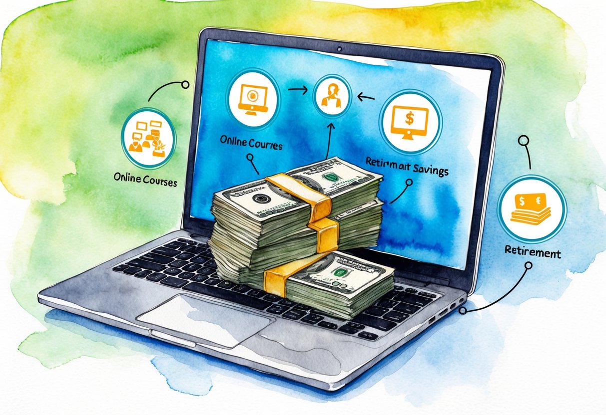 A laptop with a stack of money on the keyboard, surrounded by icons of online courses and retirement savings