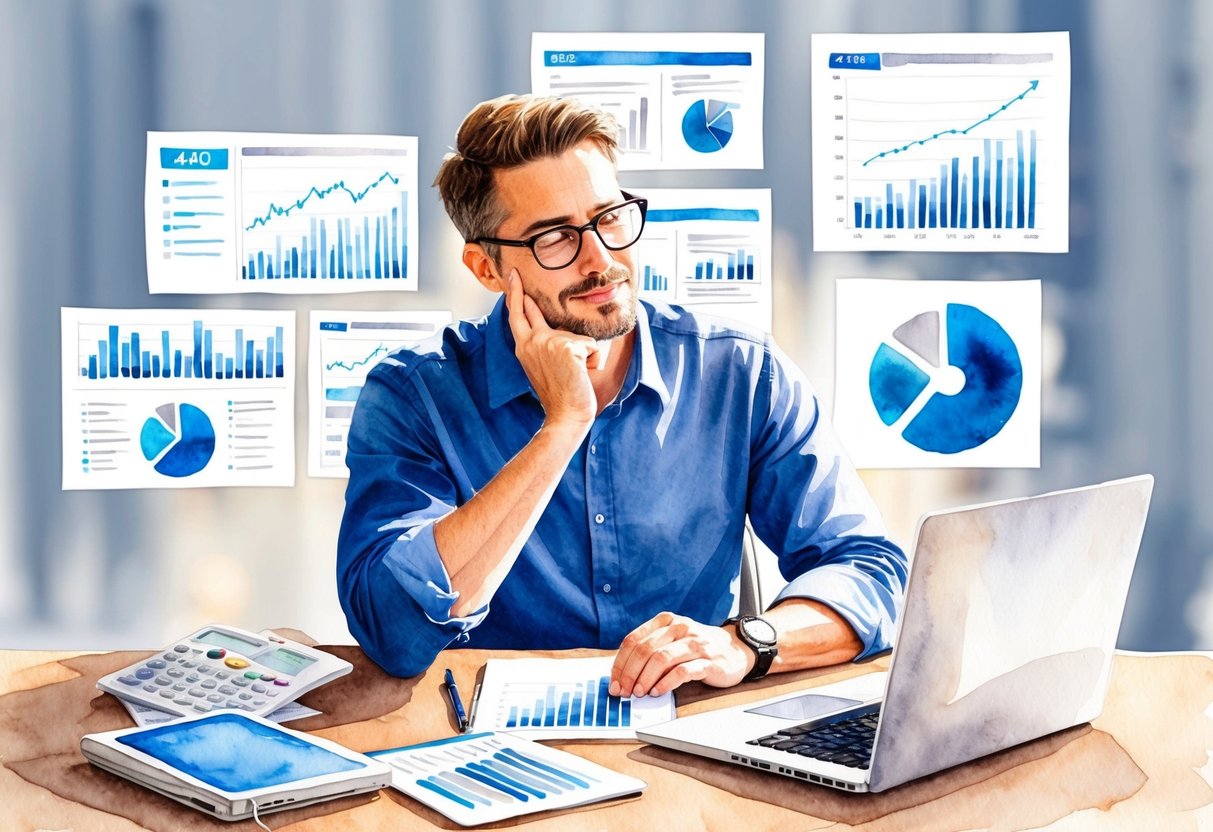 A person sitting at a desk, surrounded by charts, graphs, and a laptop, with a thoughtful expression as they plan for their financial future at age 40