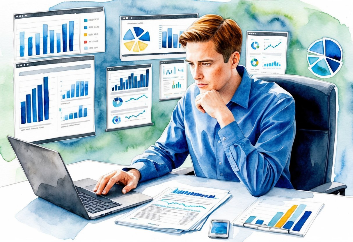 A person sitting at a desk with a laptop and financial documents, surrounded by charts and graphs, deep in thought