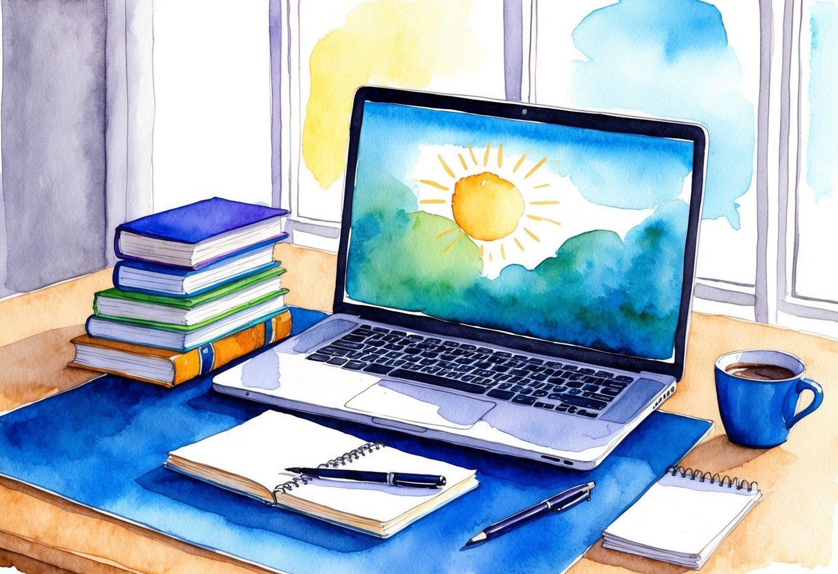 A laptop on a desk with a stack of books, a notepad, and a pen. A cup of coffee sits next to the laptop, with a window in the background showing a sunny day
