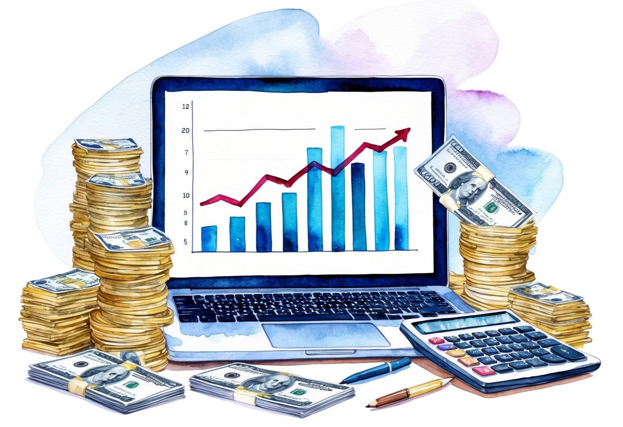 A laptop surrounded by stacks of money, a calculator, and a chart showing financial growth