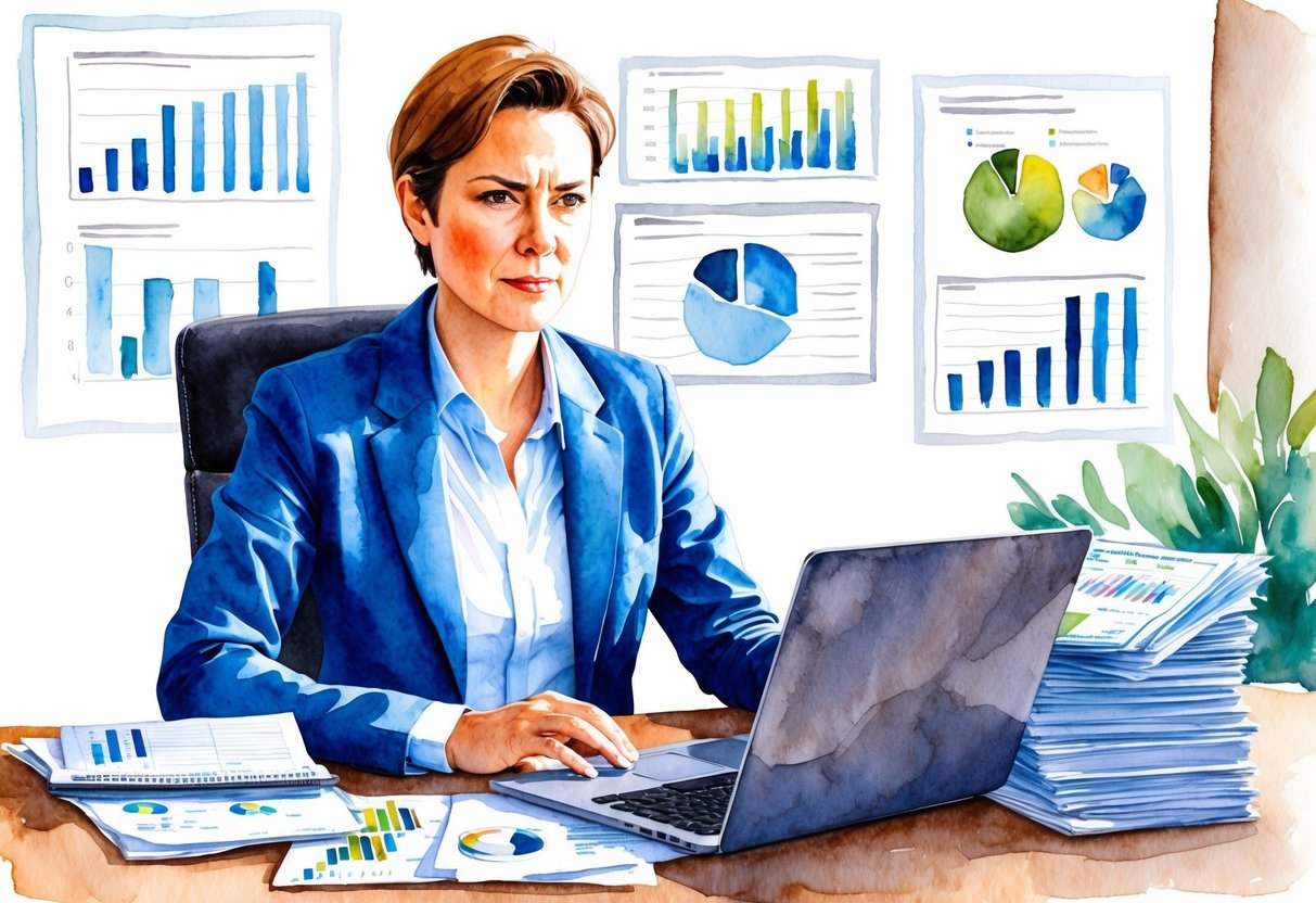 A person sitting at a desk with a laptop and financial documents, surrounded by charts and graphs, with a determined expression