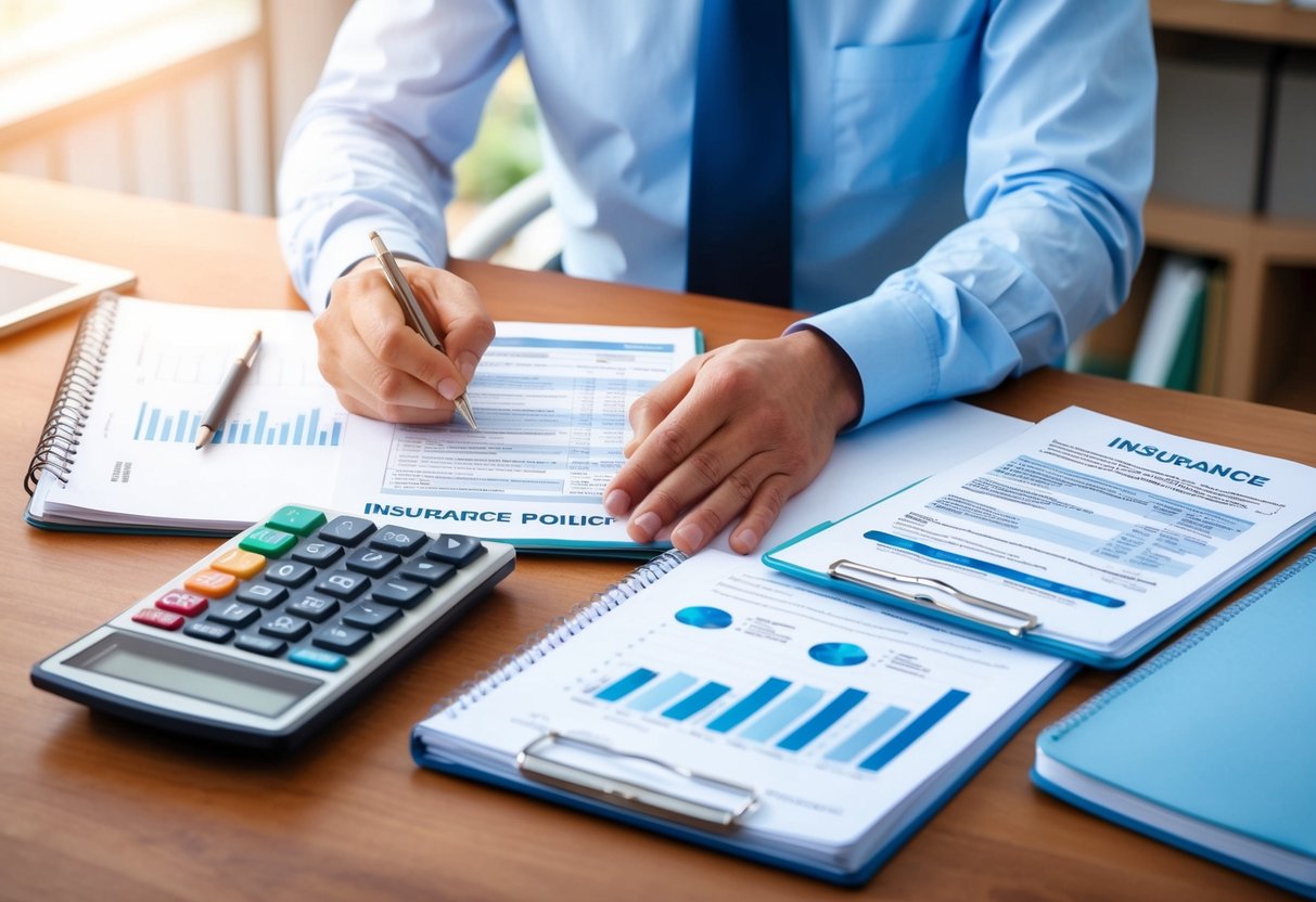 A person reviewing insurance policies and financial documents at a desk with a calculator and notebook