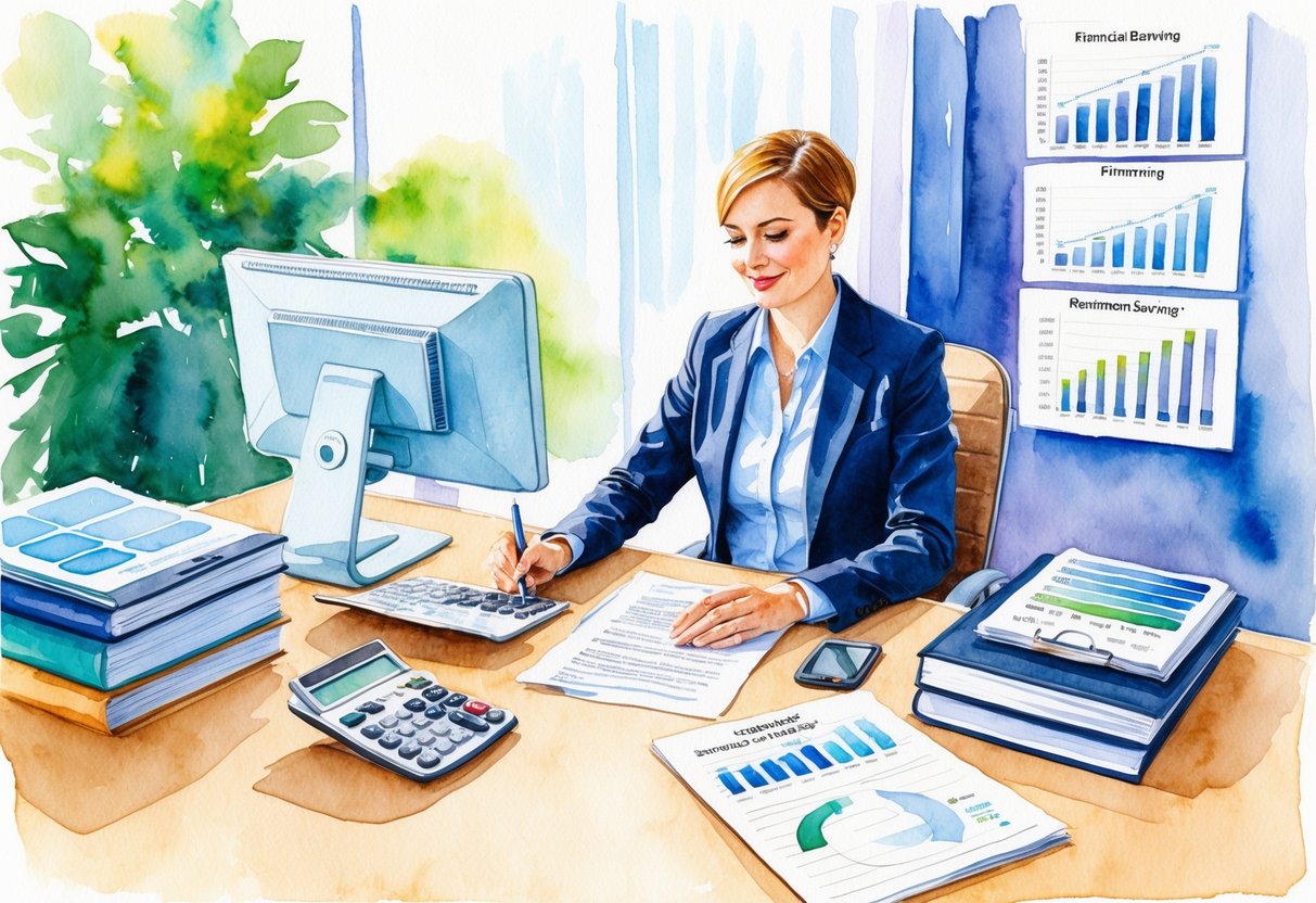 A person sitting at a desk with a calculator, paperwork, and a computer, surrounded by financial planning books and retirement savings charts