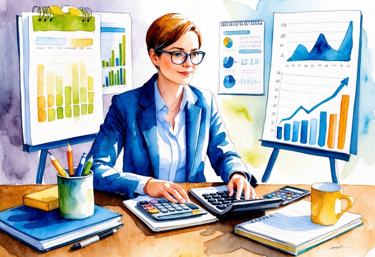 A person sitting at a desk with a calendar, calculator, and notebook, surrounded by charts and graphs, contemplating financial goals