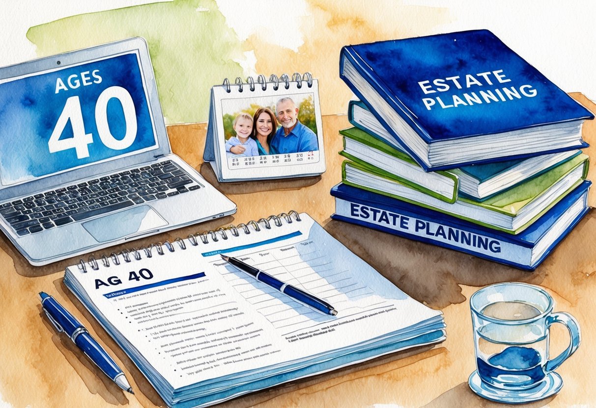 A desk with a laptop, financial documents, and a pen. A calendar showing age 40. A family photo and a stack of books on estate planning