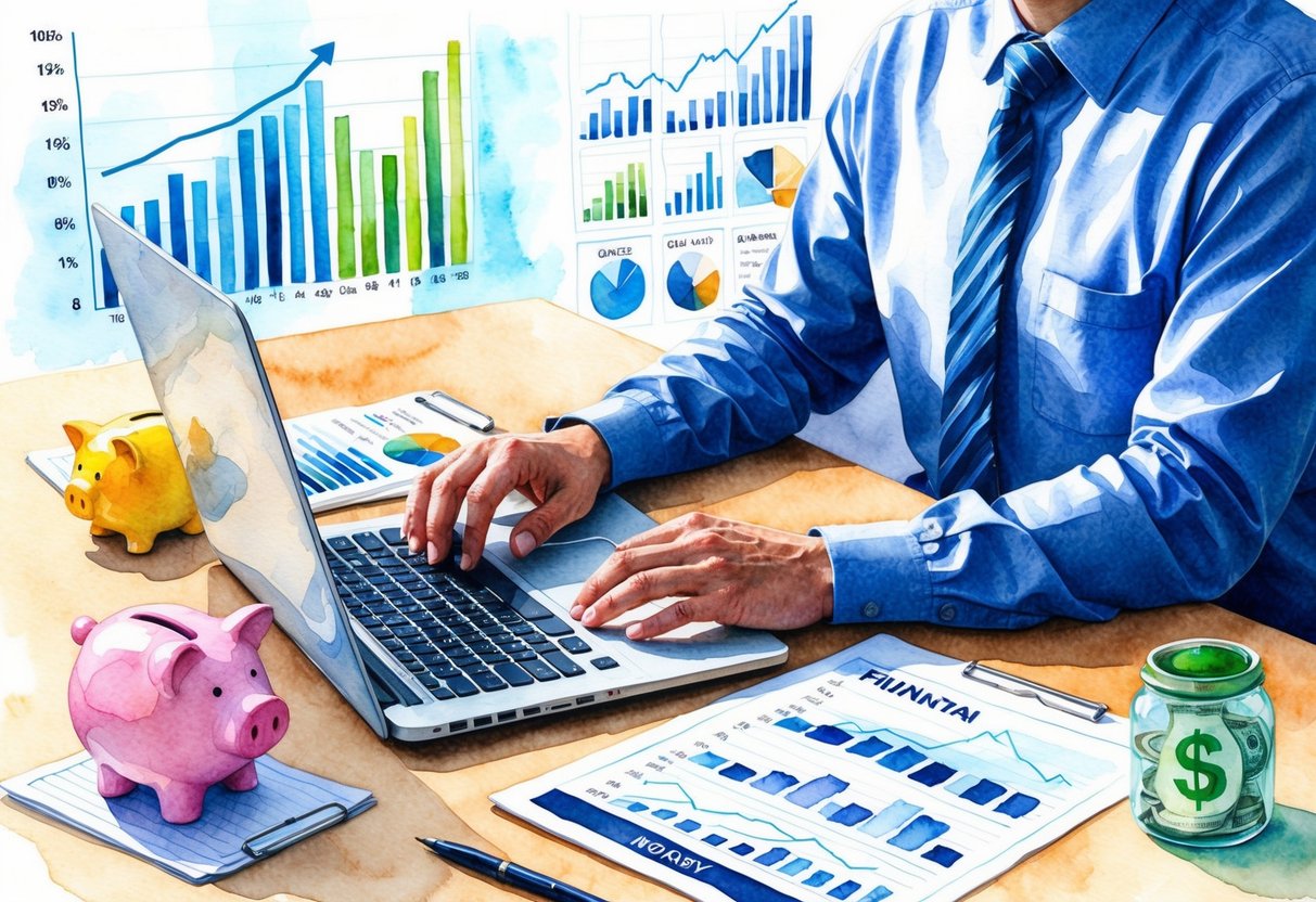 A person sitting at a desk with a laptop and papers, surrounded by financial charts and graphs. A piggy bank and money jar sit nearby