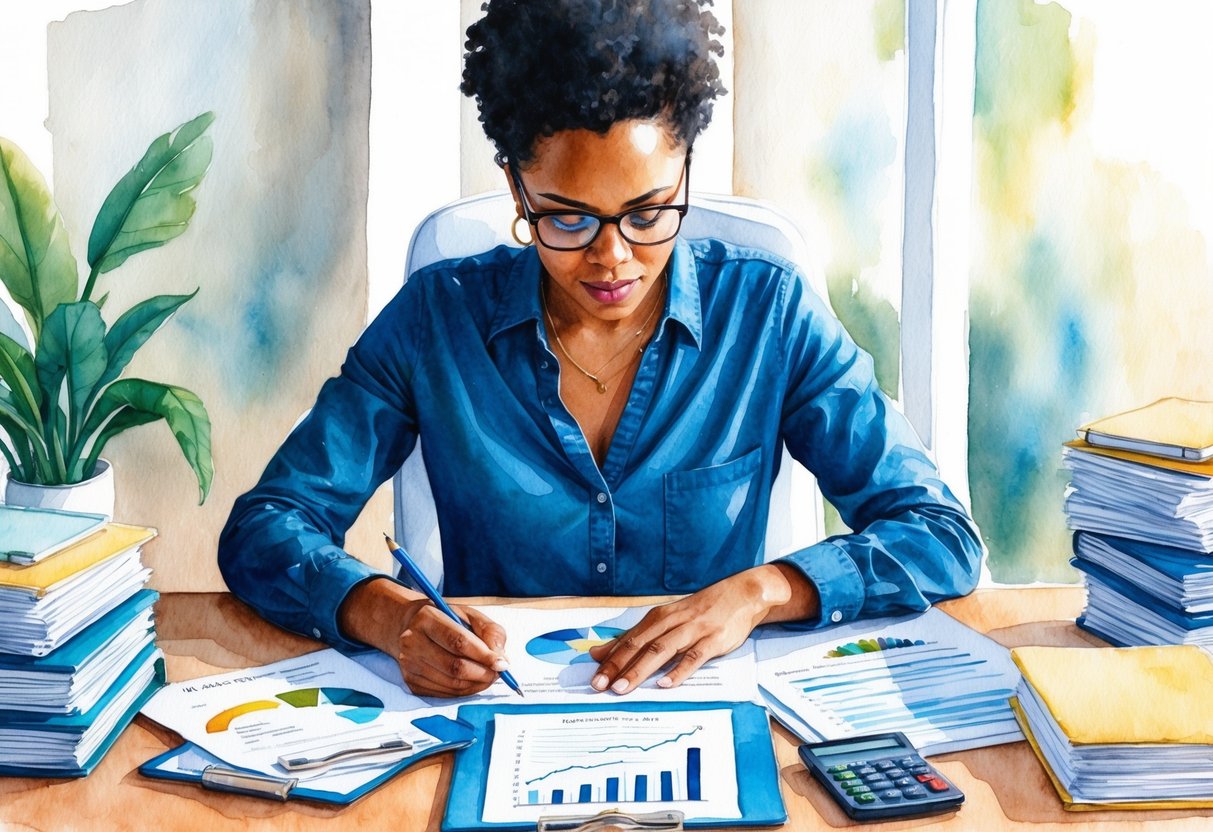 A person sitting at a desk, surrounded by financial planning tools and documents. A sense of focus and determination on their face as they review their financial goals