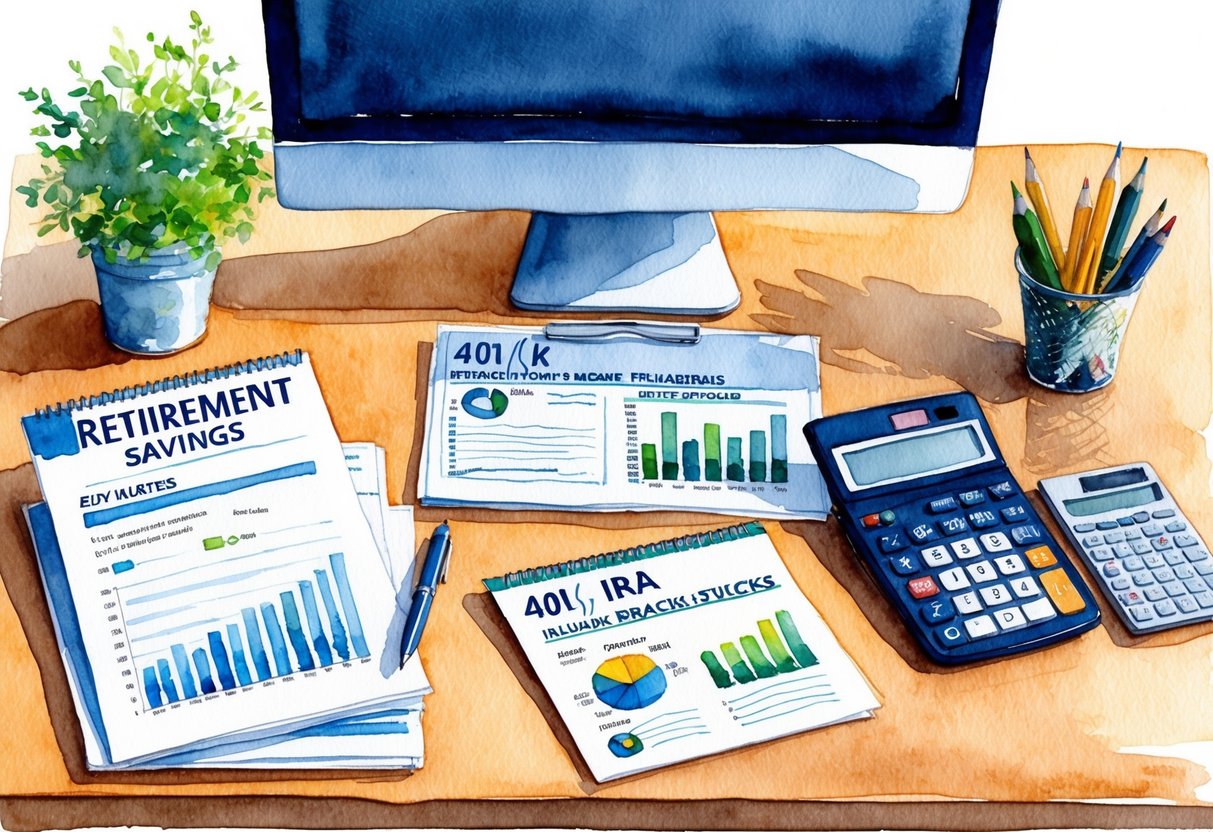 A desk with a computer, calculator, and financial documents. A variety of retirement savings options such as 401(k), IRA, and stocks are displayed